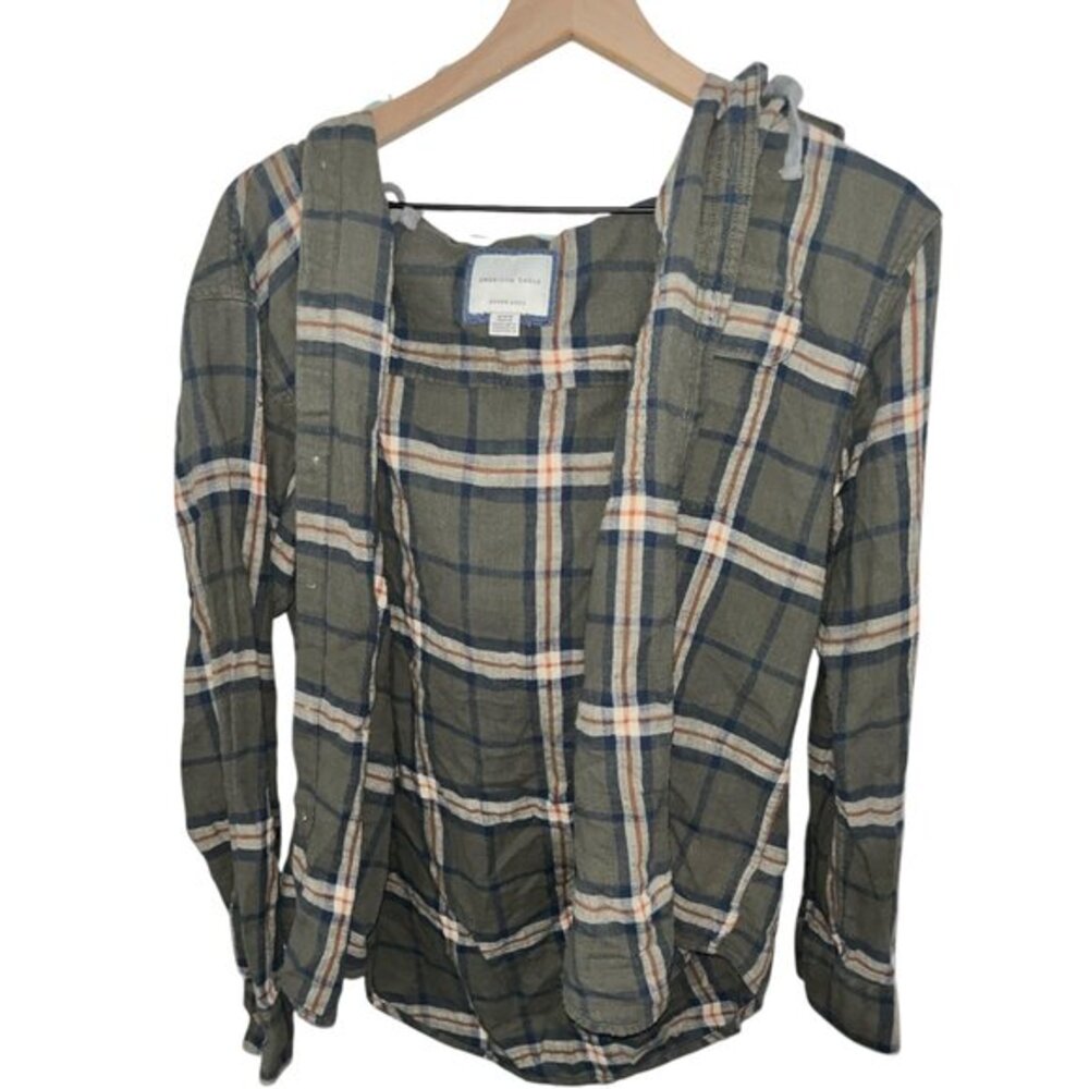 American Eagle “Super Soft” Hooded Flannel Jacket • Olive Plaid‎